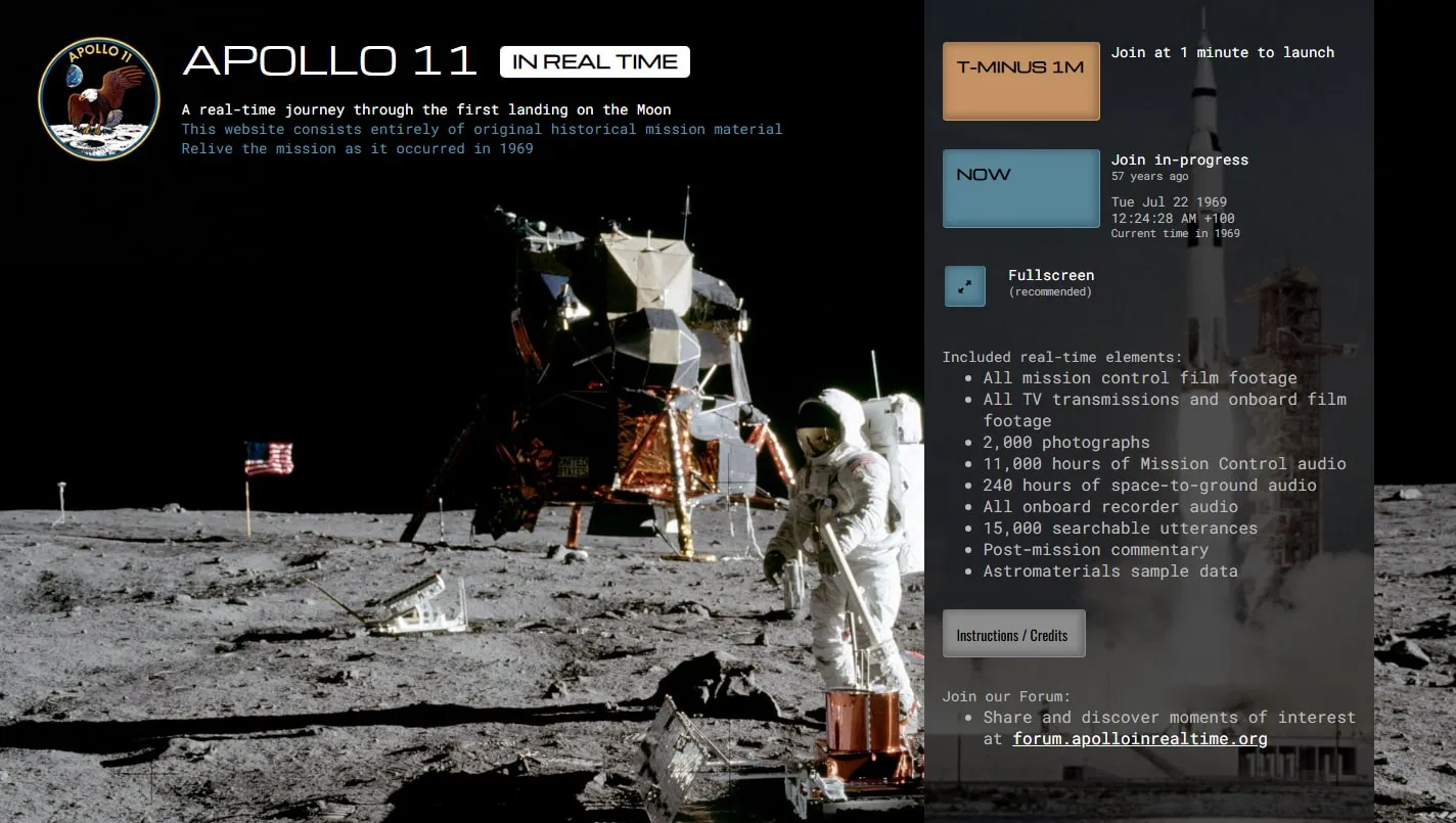 Apollo 11 in Real Time homepage screenshot