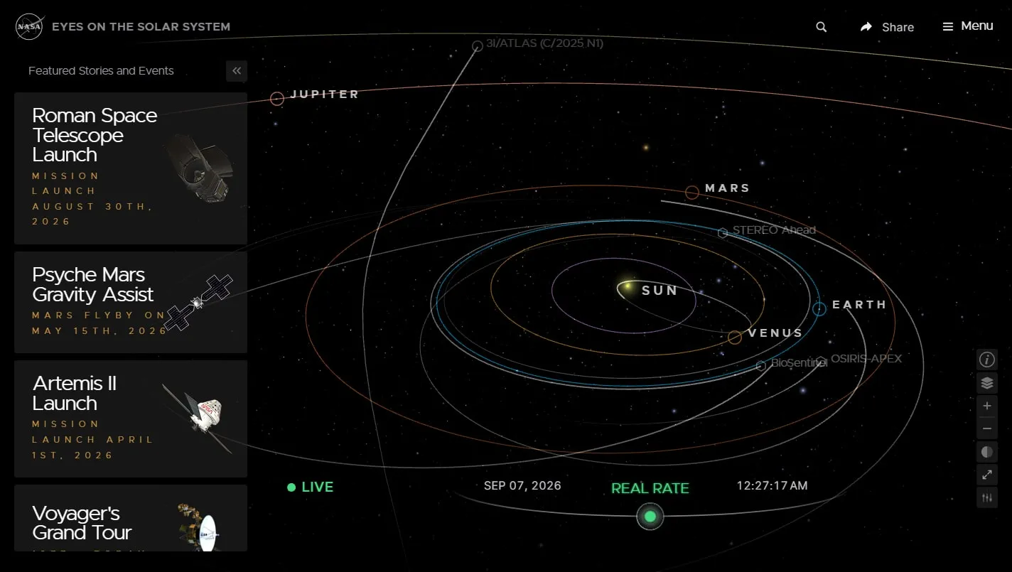 NASA Eyes on the Solar System homepage screenshot