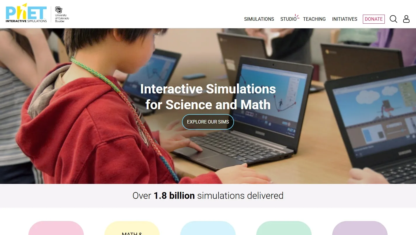 PhET Interactive Simulations homepage screenshot