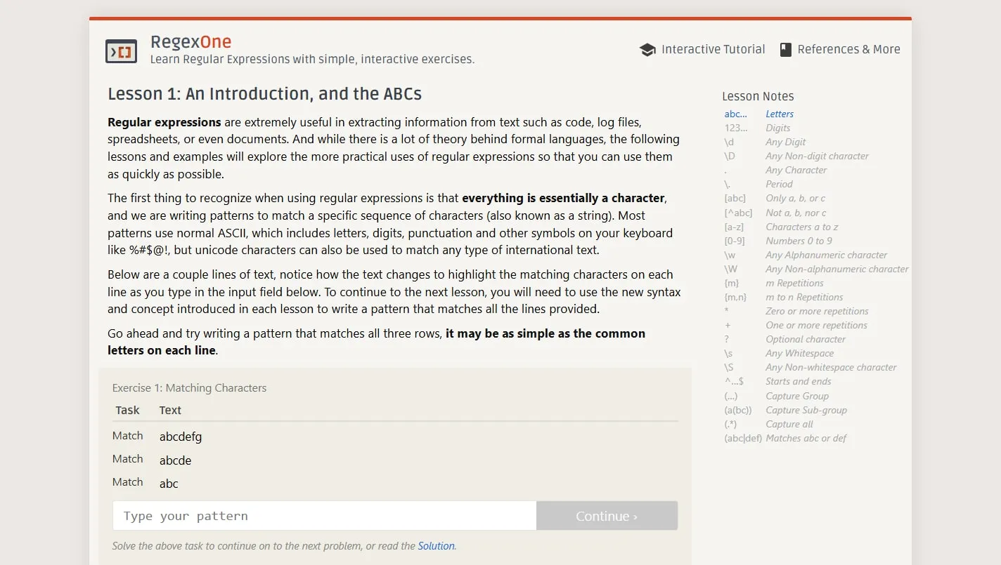 RegexOne homepage screenshot