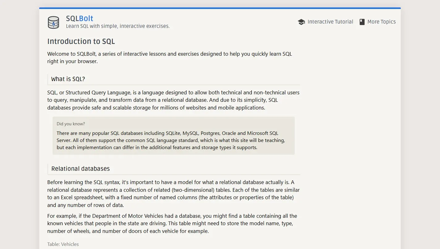 SQLBolt homepage screenshot